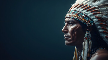 Fototapeta premium Portrait of a man wearing a traditional Native American headdress in profile : Generative AI