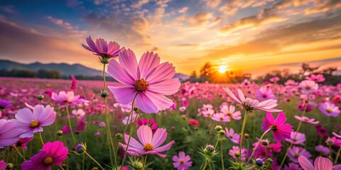 Fototapeta premium Cosmos flower field at sunset with vibrant pink and purple hues