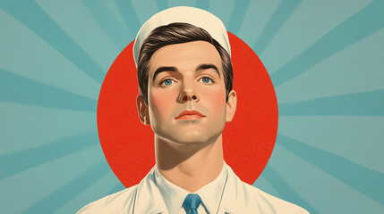 Retro Poster Art Featuring Male Nurse in Classic Uniform with Red Cross Hat on Sunburst Background in Vintage Style for Medical Themed Decor or Retro Illustration Design Prints, 200 Characters