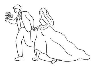 The bride and groom are holding hands and running, a joyful couple on their wedding day vector