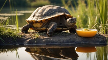 Fototapeta premium A tortoise near a pond enjoying a meal from a bowl on the bank.