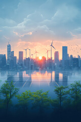 Fototapeta premium Green energy concept urban wind mill farm
