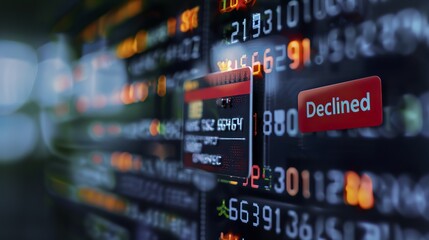 Obraz premium Credit card with red declined stamp on digital transaction screens, symbolizing payment fraud and financial security risks in online transactions.