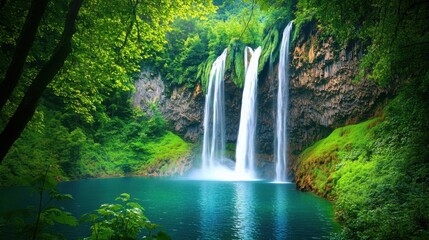 Obraz premium A majestic double waterfall cascading into a serene lake, framed by lush tropical vegetation.