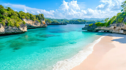 Fototapeta premium Rocky coast of Nusa Penida. Wonderful view of the blue tropical sea and white sands in Bali, Indonesia. Walking through paradise.