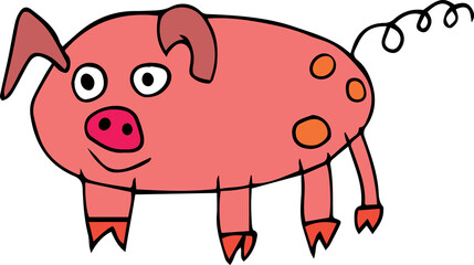 funny smiling oval pink pig with a bright pink snout with dark spots on the side with a long curled tail