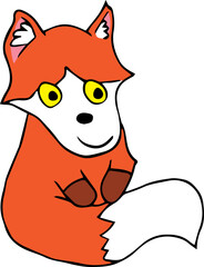 strange funny smiling red fox with yellow eyes sits and holds his front paws on his fluffy big tail