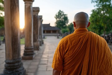 This serene image captures a Buddhist monk in an orange robe walking towards the rising sun, embodying tranquility and spiritual reflection in a sacred space.