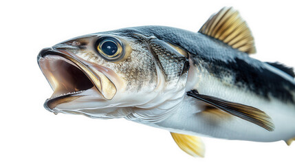 close-up of a fish. showcasing its detailed features. including its open mouth. shiny scales. and distinct fins the background is plain. emphasizing the fish's form and colors. likely for educational