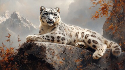 Majestic snow leopard rests mountain peak autumn backdrop wildlife poster