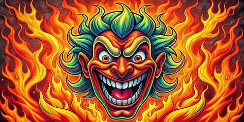 Retro cartoon evil laugh, fiery AI art,  tactical warrior.
