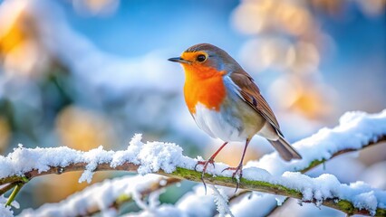 Robin perched; snow-dusted scene, high detail, winter's beauty.