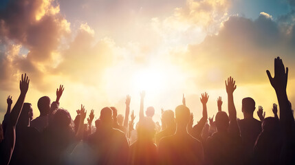 Fototapeta premium Silhouetted Crowd Worships Under Glorious Sunset With Uplifted Hands : Generative AI