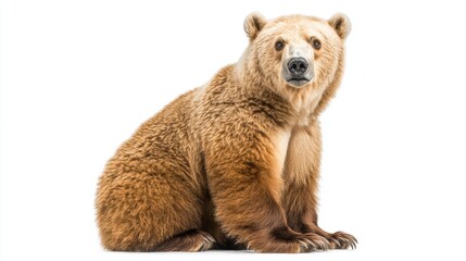 Brown Bear Sitting Portrait on White Background in Natural Habitat