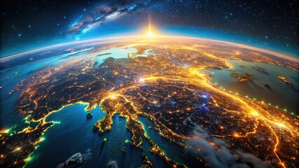 Fototapeta premium Stunning aerial shot of China's illuminated cityscape at night, seen from space.