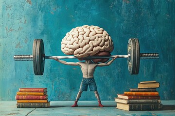 Modern art collage depicting a brain lifting a barbell with books on a blue background MONA