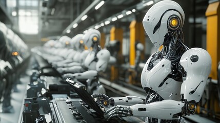 Fototapeta premium Robots Working on Assembly Line in Factory Automation