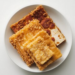Golden Brown Baked Food Slices on a White Plate for Business and Marketing Purposes