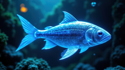 Naklejka premium A serene undersea scene featuring a colorful fish illuminated by an underwater light.