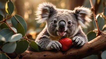 Obraz premium A koala holding a strawberry while perched on a branch in a natural setting.