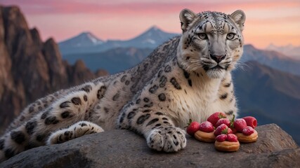 Obraz premium A snow leopard lounges on a rock beside a plate of donuts and strawberries against a scenic backdrop.