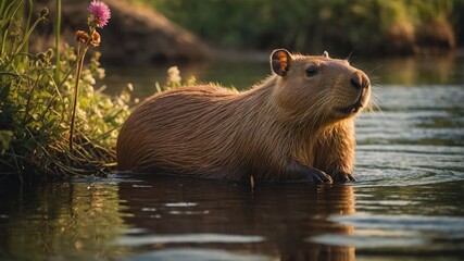Fototapeta premium A capybara partially submerged in water, surrounded by lush greenery and flowers.