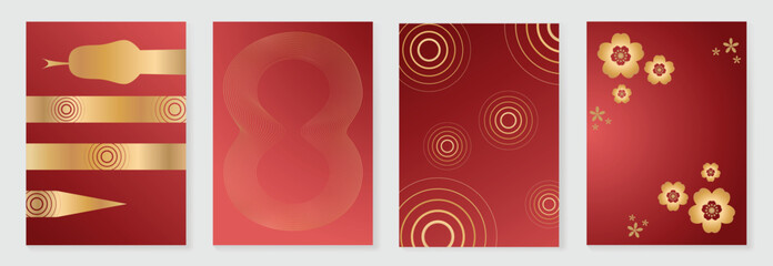 Fototapeta premium Chinese New Year 2025 hongbao red envelope design vector. Collection of Chinese festival with lantern, flower, snake. Elegant oriental illustration for angpao, cover, website, calendar, ads.