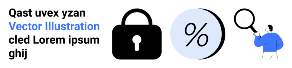 Black padlock, percentage sign in blue circle, person with magnifying glass. Ideal for cybersecurity, finance, analytics, research, data security, auditing, online protection. Landing page