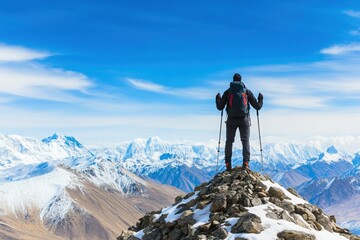 Obraz premium A lone hiker standing at the summit, gazing over breathtaking snow-capped mountains and clear blue skies.