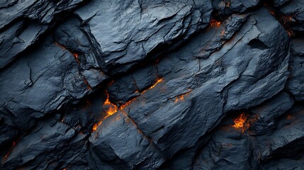 Molten Glow: A mesmerizing close-up view of a rough, dark rock face with glowing embers of molten lava, evoking a sense of intense heat and primal power.  