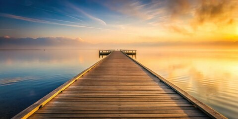 Fototapeta premium Serene sunrise over calm water with wooden pier extending into the mist