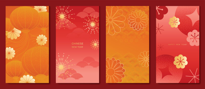 Chinese New Year 2025 hongbao red envelope design vector. Collection of Chinese festival with lantern, flower, cloud, pattern. Elegant oriental illustration for angpao, cover, website, calendar, ads.