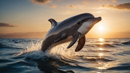 Fototapeta premium A dolphin leaps out of the water against a sunset backdrop, showcasing nature's beauty.