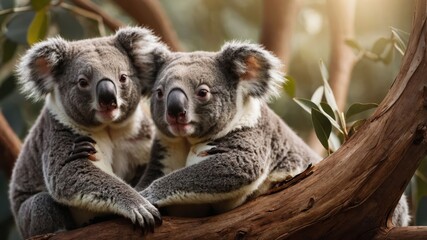 Fototapeta premium Two koalas resting on a tree branch in a natural setting.