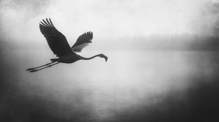 Flamingo soaring over misty lake, sunrise