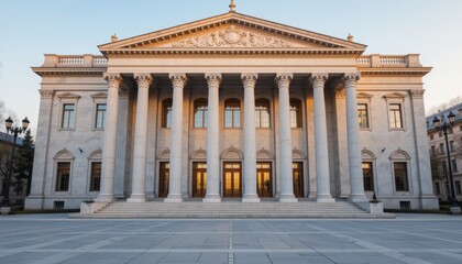 Obraz premium Grand Marble Neoclassical Building Facade at Sunset: Architecture, Columns, Entrance, Cityscape, Elegant