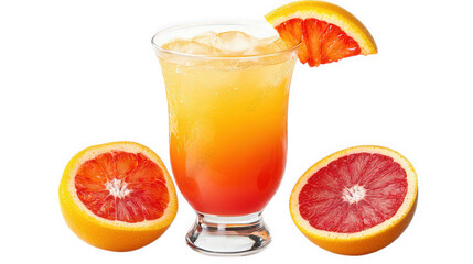 a refreshing beverage served in a clear glass. featuring a gradient of orange and red hues. complemented by ice cubes and a slice of blood orange on the rim halved blood oranges are placed beside the