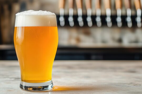 A refreshing glass of golden beer with frothy foam, presented on a rustic bar counter.