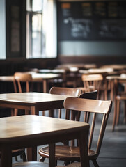 Empty Rustic Café Interior with Wooden Tables and Chairs in Ambient Natural Light Setting : Generative AI