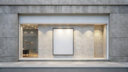 Modern storefront with blank signage and interior display area for lease or sale