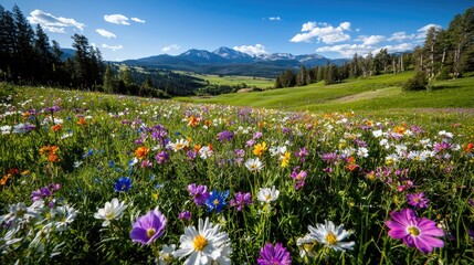 Obraz premium Vibrant wildflowers bloom in a lush green mountain meadow under a blue sky with clouds during a sunny summer day.