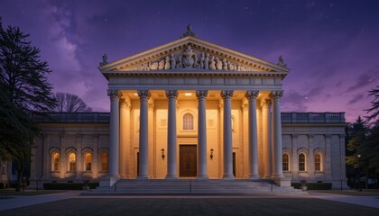 Fototapeta premium Illuminated Classical Building at Night: Neoclassical Architecture, Columns, Stars, Twilight Sky