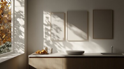 Minimalist kitchen design with sunlight and neutral colors