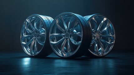 Three Glossy Car Wheels on Dark Background with Dramatic Lighting