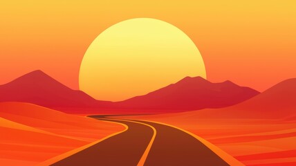 Obraz premium Vibrant Sunset Over Desert Landscape with Winding Road and Dramatic Mountains