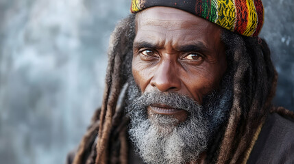 Portrait of a Thoughtful Elderly Man with Dreadlocks in Colorful Headwear : Generative AI