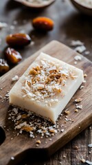 Golden amaranth bars with toasted coconut and dates on rustic wooden surface