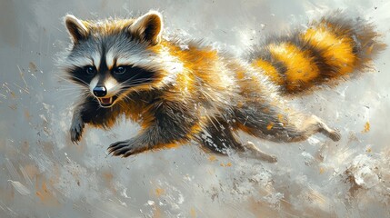 Obraz premium Leaping raccoon, forest, dust, wildlife art, nature illustration