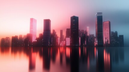 Fototapeta premium Captivating Cityscape at Twilight with Colorful Reflections on Water