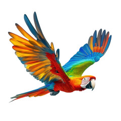 Obraz premium a vibrant. colorful parrot in mid-flight. showcasing its stunning plumage with a blend of red. blue. green. and yellow feathers against a white background the beauty of wildlife and the intricate deta